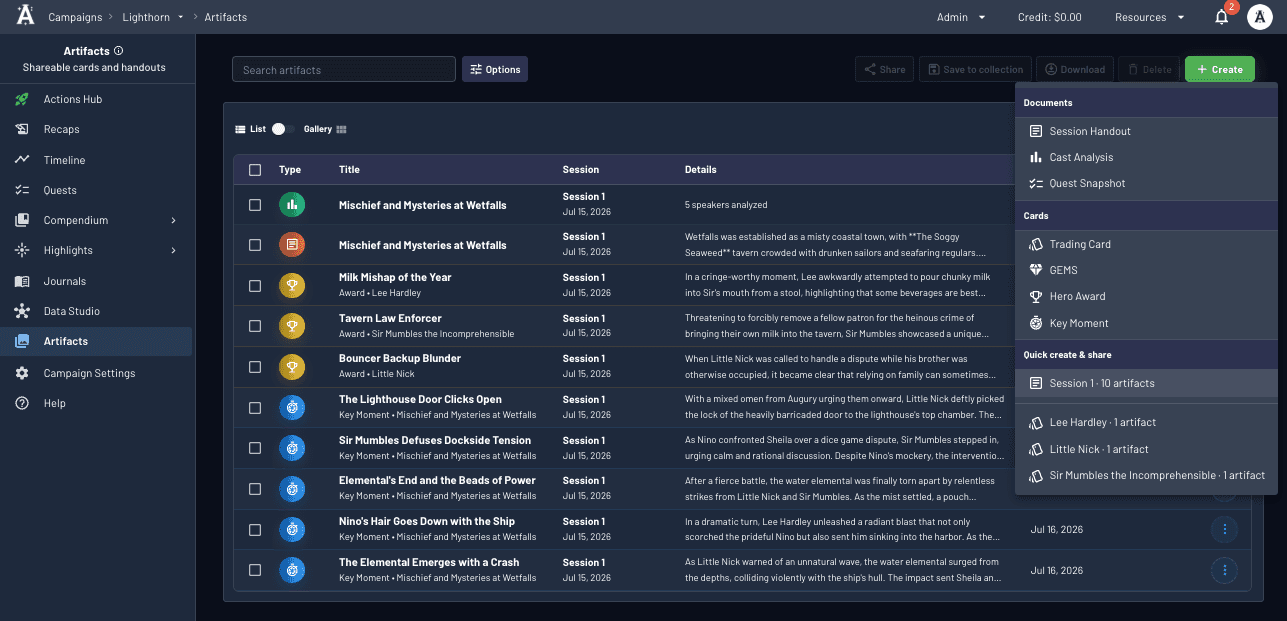 Artifacts library showing campaign shareables in Archivist