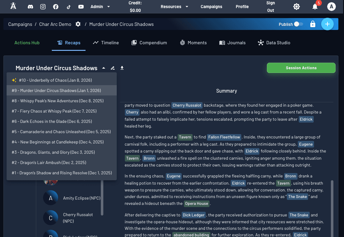 Game Session UI showing dropdown navigation and quick actions