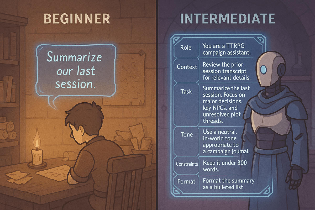 Prompt Engineering for TTRPGs - illustrated concept with AI and tabletop elements