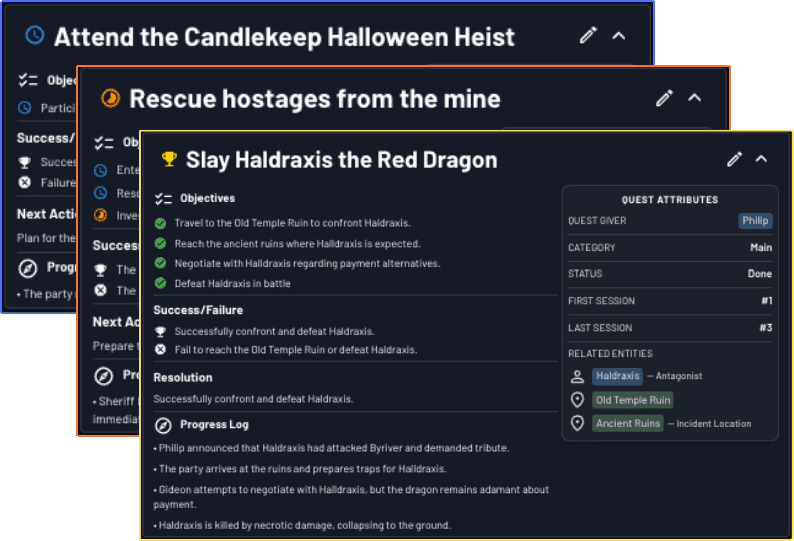Quest Log - campaign objective tracker with status, progress, and diff drawer review