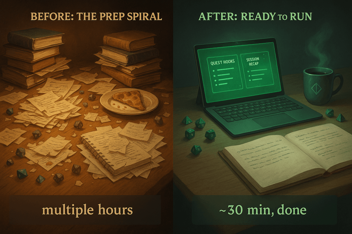 Split image showing TTRPG prep before and after using AI. Left side: messy desk with scattered notes, dice, and pizza slice under the label 'Before: The Prep Spiral – multiple hours.' Right side: clean desk with organized dice, laptop showing 'Quest Hooks' and 'Session Recap,' under the label 'After: Ready to Run – ~30 min, done.'