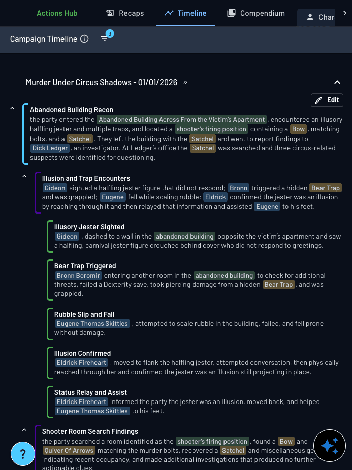 Timeline UI showing integrated timeline with moments and filtering capabilities