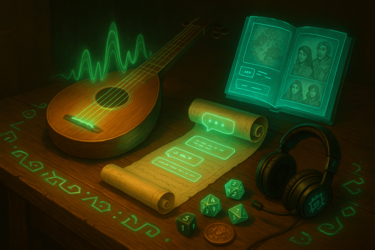 Fantasy tabletop scene featuring AI-powered storytelling tools: a glowing lute projecting waveforms, a scroll with holographic chat bubbles, an open tome with NPC portraits and maps, glowing dice, and enchanted headphones on a rune-etched wooden desk.